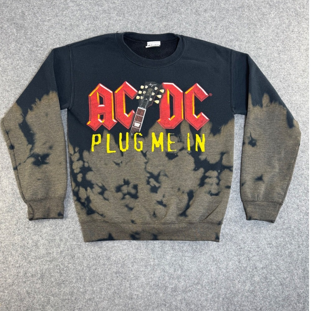 ACDC Plug Me In Graphic Sweatshirt Black Bleach Dye Acid Wash Small